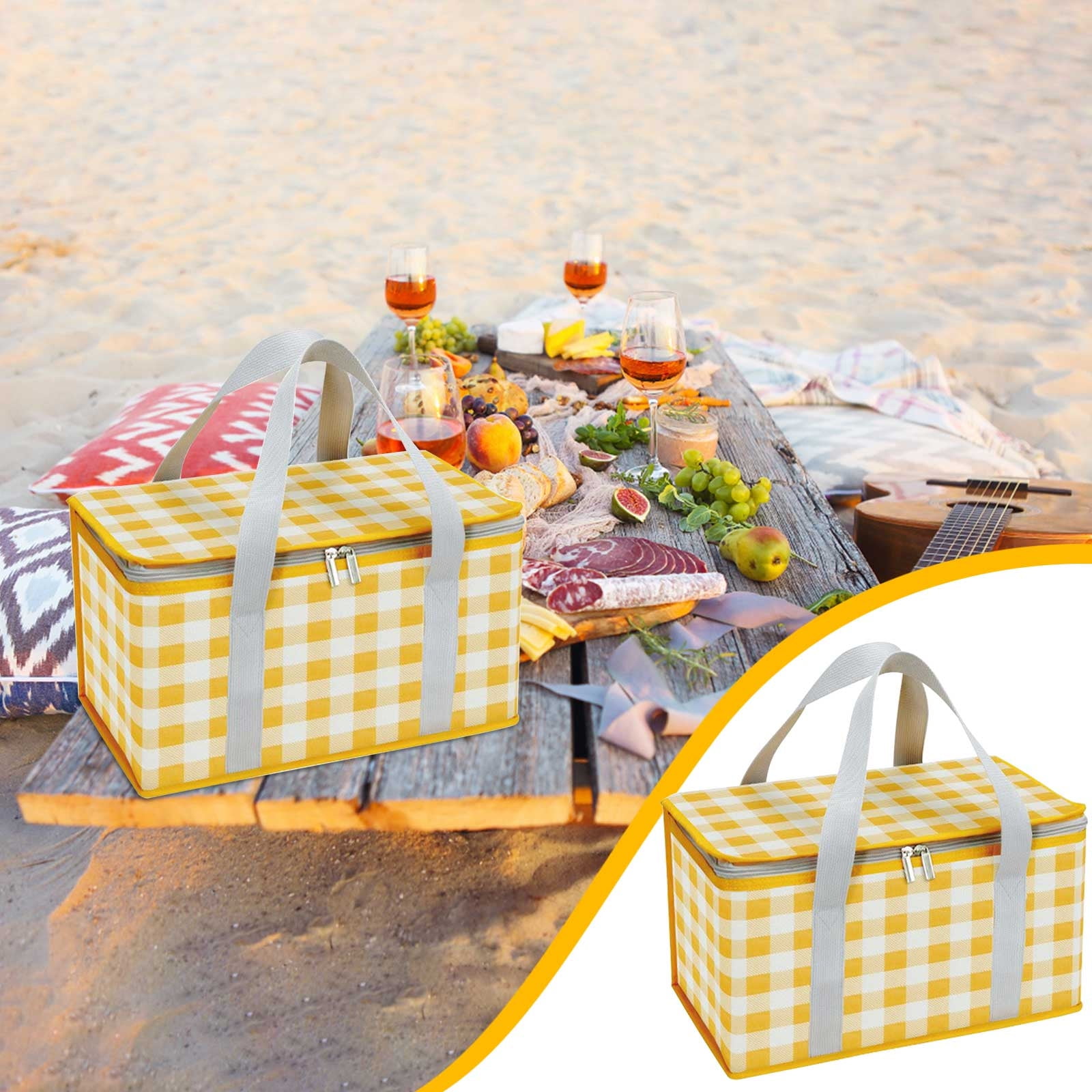 Darzheoy Large Picnic Basket Shopping Basket Camping Picnic Basket Travel Picnic Bag Portable Bento Bag Thermal Insulation Bag Yellow - Image 2