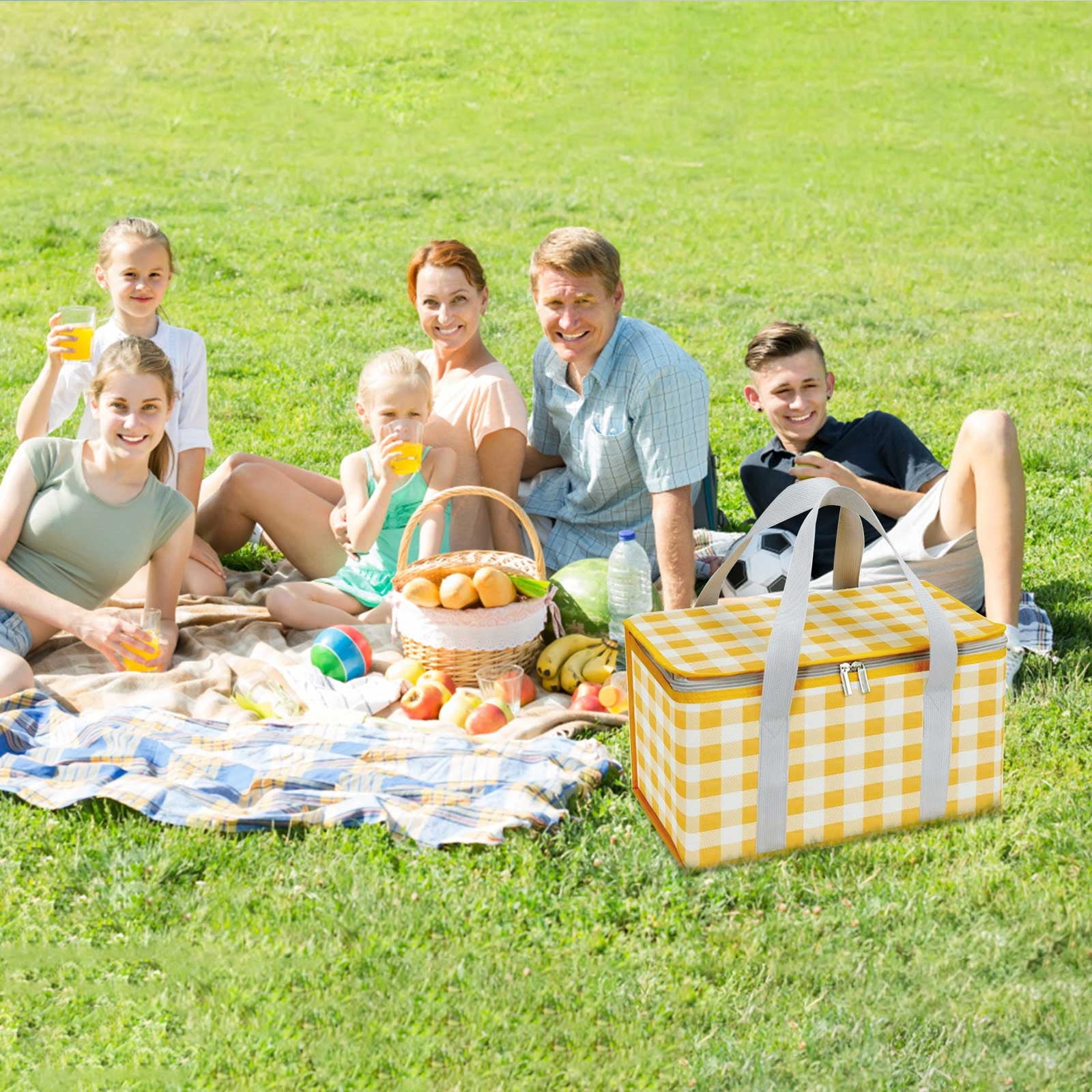 Darzheoy Large Picnic Basket Shopping Basket Camping Picnic Basket Travel Picnic Bag Portable Bento Bag Thermal Insulation Bag Yellow - Image 4