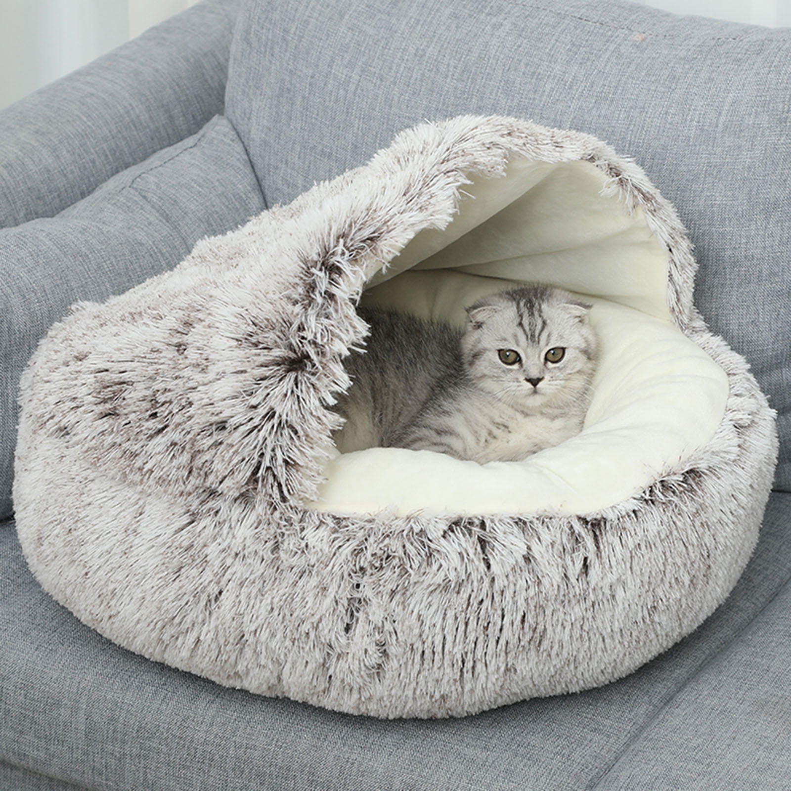 Darzheoy Calming Dog Beds & Cat Cave Bed with Hooded Cover, Removable Washable Round Beds for Small Medium Pets, Anti-Slip Plush Coved Bed for Pet (20