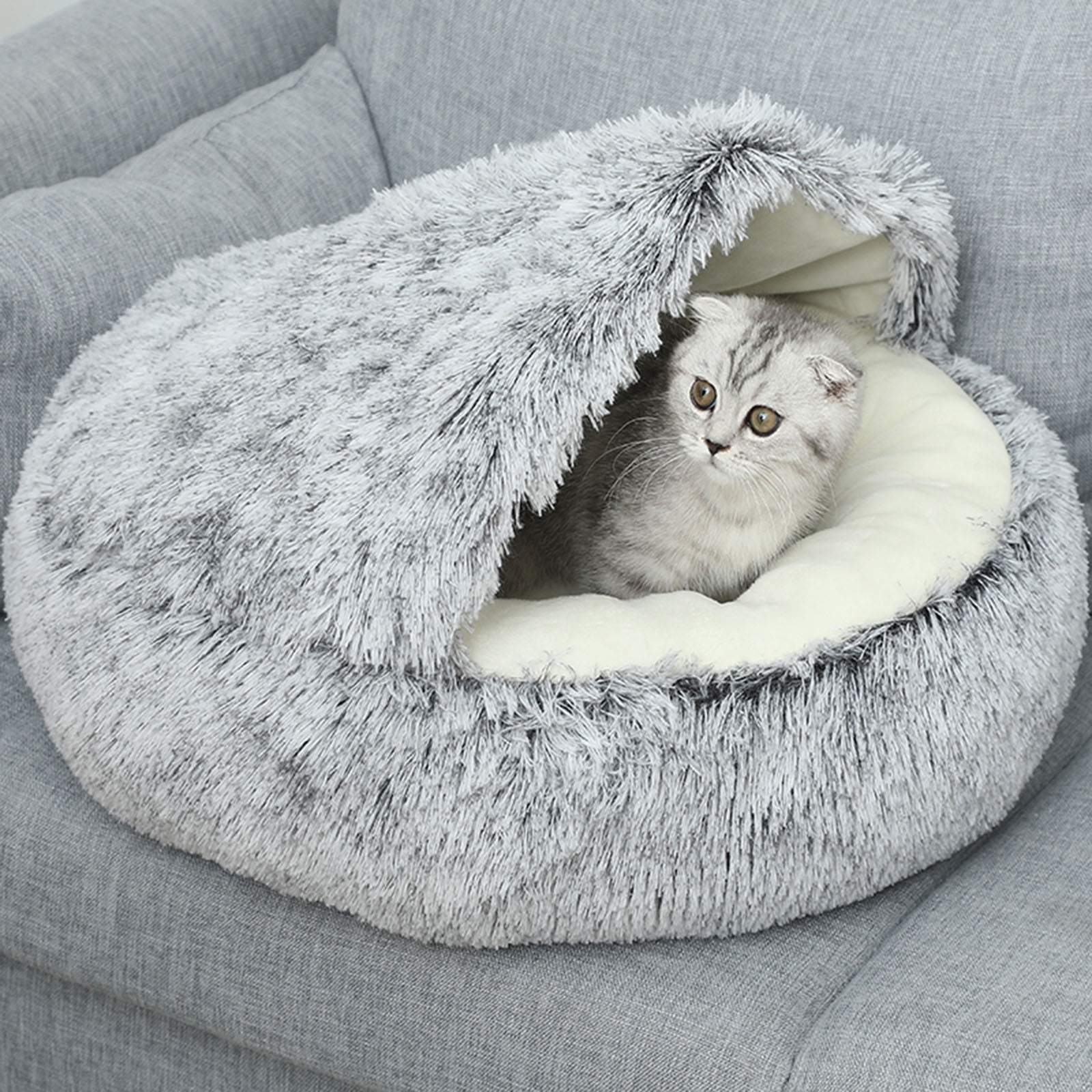 Darzheoy Calming Dog Beds & Cat Cave Bed with Hooded Cover, Removable Washable Round Beds for Small Medium Pets, Anti-Slip Plush Coved Bed for Pet (20
