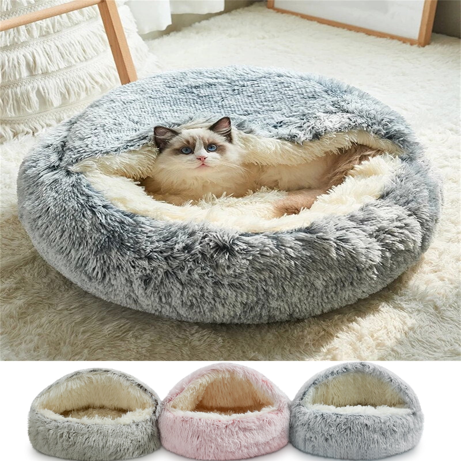 Darzheoy Cat Bed Round Plush Hooded Cat Bed Cave, for Indoor Cats or Small Dog Beds, Calming Pet Beds Calm Anti-nxiety Dog Bed, Waterproof Bottom Washable (16