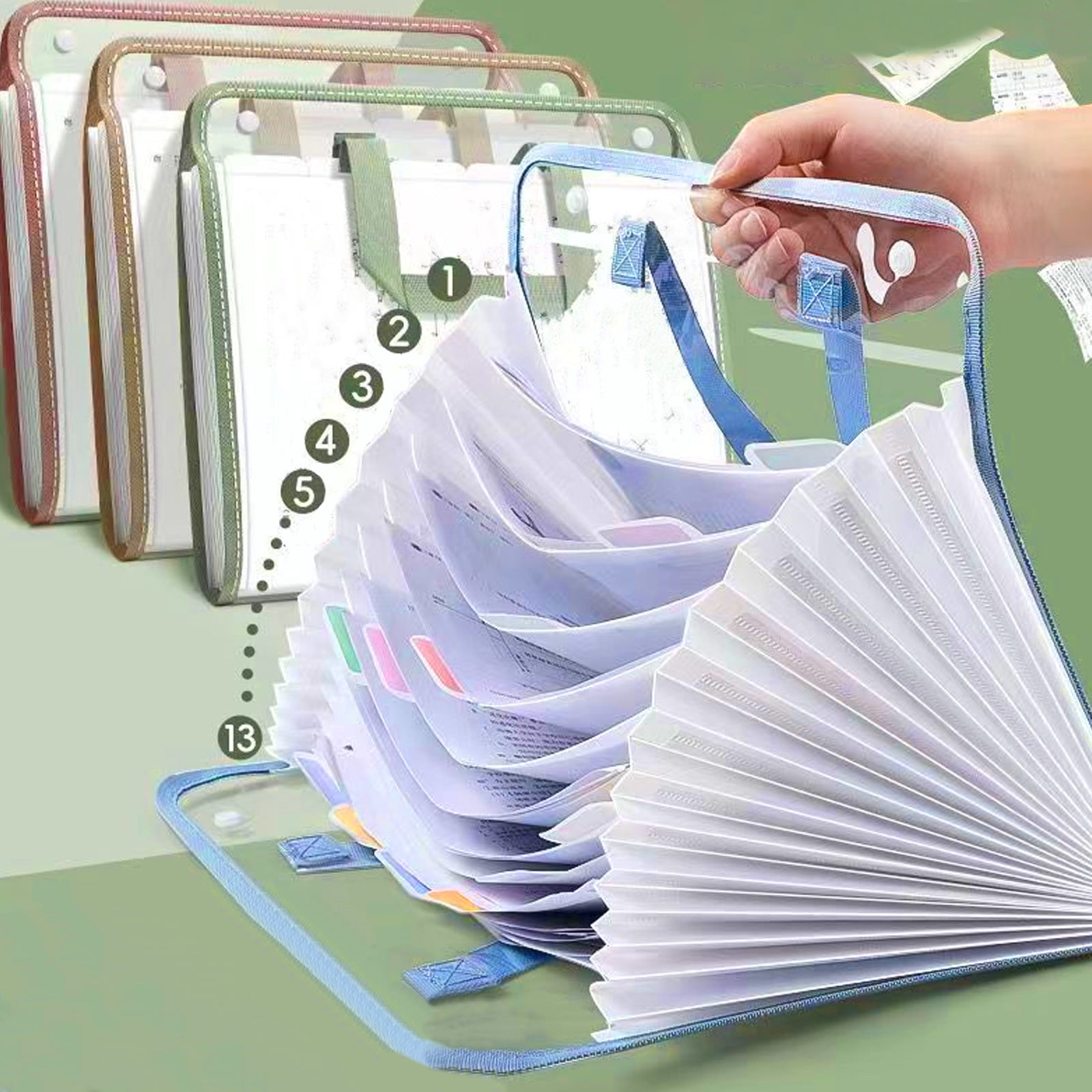 AYktou Expanding File Folder with Handle 13 Compartment Large Capacity File A4 Accordion File Organizer with buttons Portable Transparent and Waterproofing Filing Box for Classroom,Home,Office P-ink,Blue,Green,Khaki - Image 8