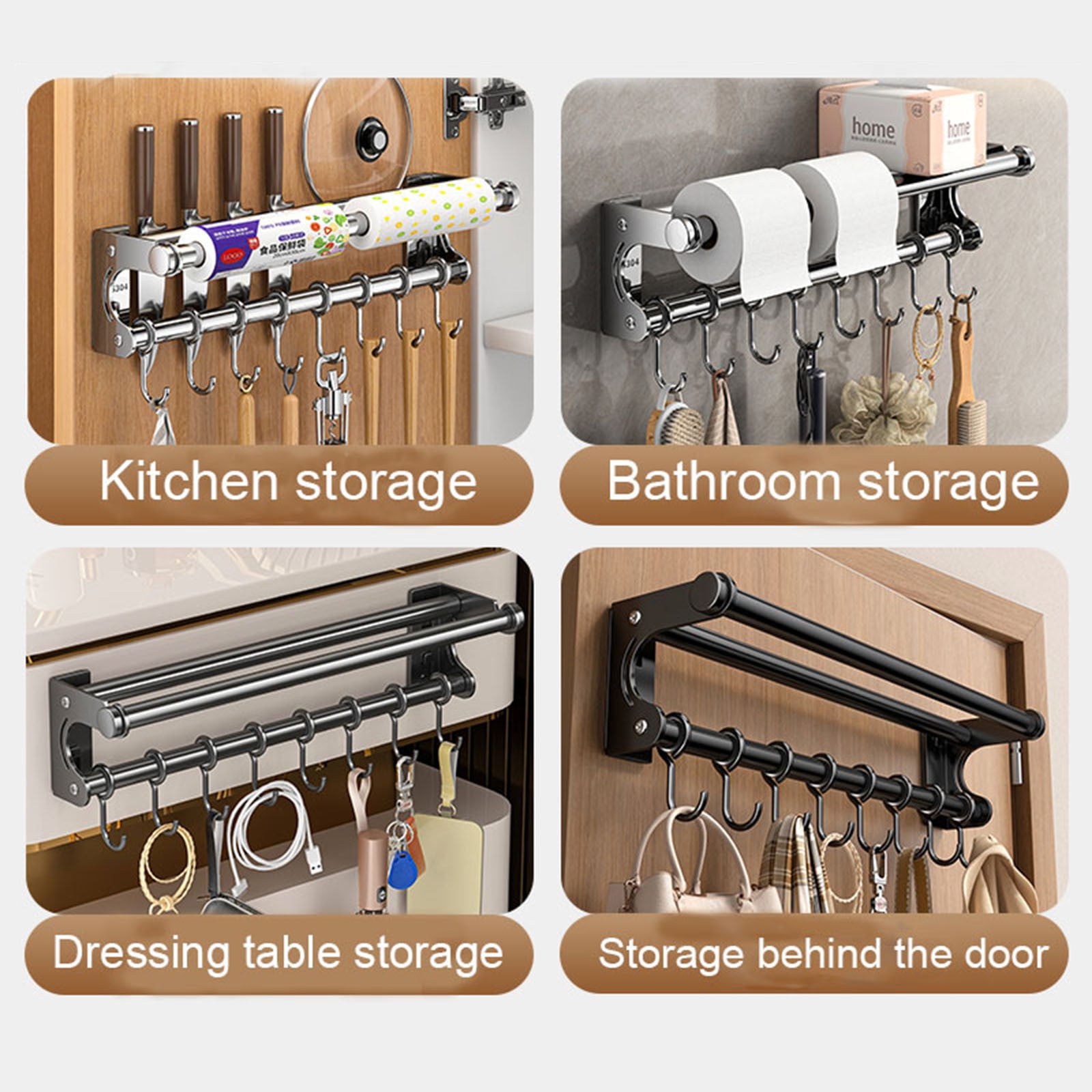 Kdkad Kitchen Organization and Storage Rack, Wall Mounted Pots and Pans Rack, Stainless Steel Metal Wall Shelf with Hooks for Hanging Pots and Pans for Kitchen Bathroom Bedroom Pantry 30 * 9 * 9cm/11.81 * 3.54 * 3.54inch A - Image 4