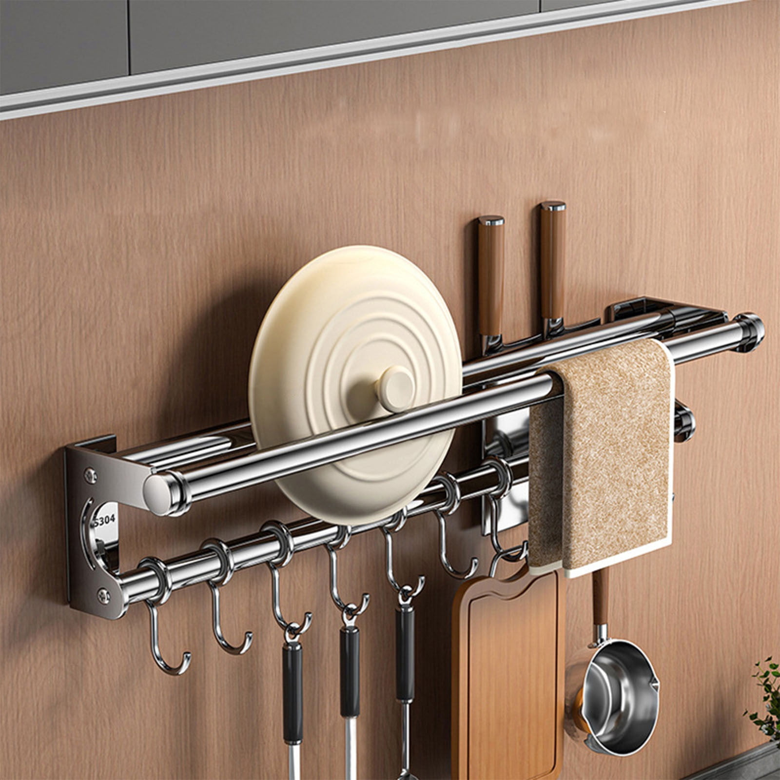 Kdkad Kitchen Organization and Storage Rack, Wall Mounted Pots and Pans Rack, Stainless Steel Metal Wall Shelf with Hooks for Hanging Pots and Pans for Kitchen Bathroom Bedroom Pantry 40 * 9 * 9cm/15.75 * 3.54 * 3.54inch S_ilver - Image 1