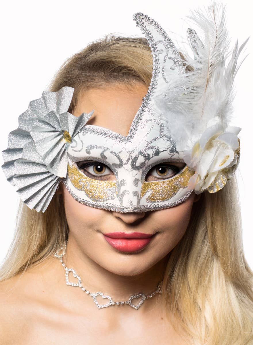 Elaborate Silver and Gold Fan Masquerade Mask - Image 1