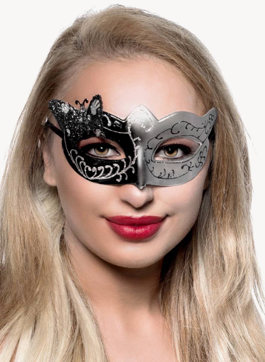 Butterfly Venetian Masquerade Mask in Black and Silver - Image 1