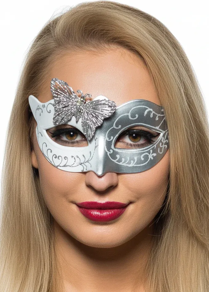 Butterfly Venetian Masquerade Mask in White and Silver - Image 1