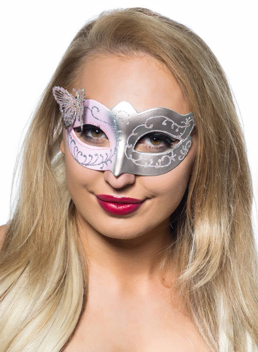 Butterfly Venetian Masquerade Mask in Pale Pink and Silver - Image 1