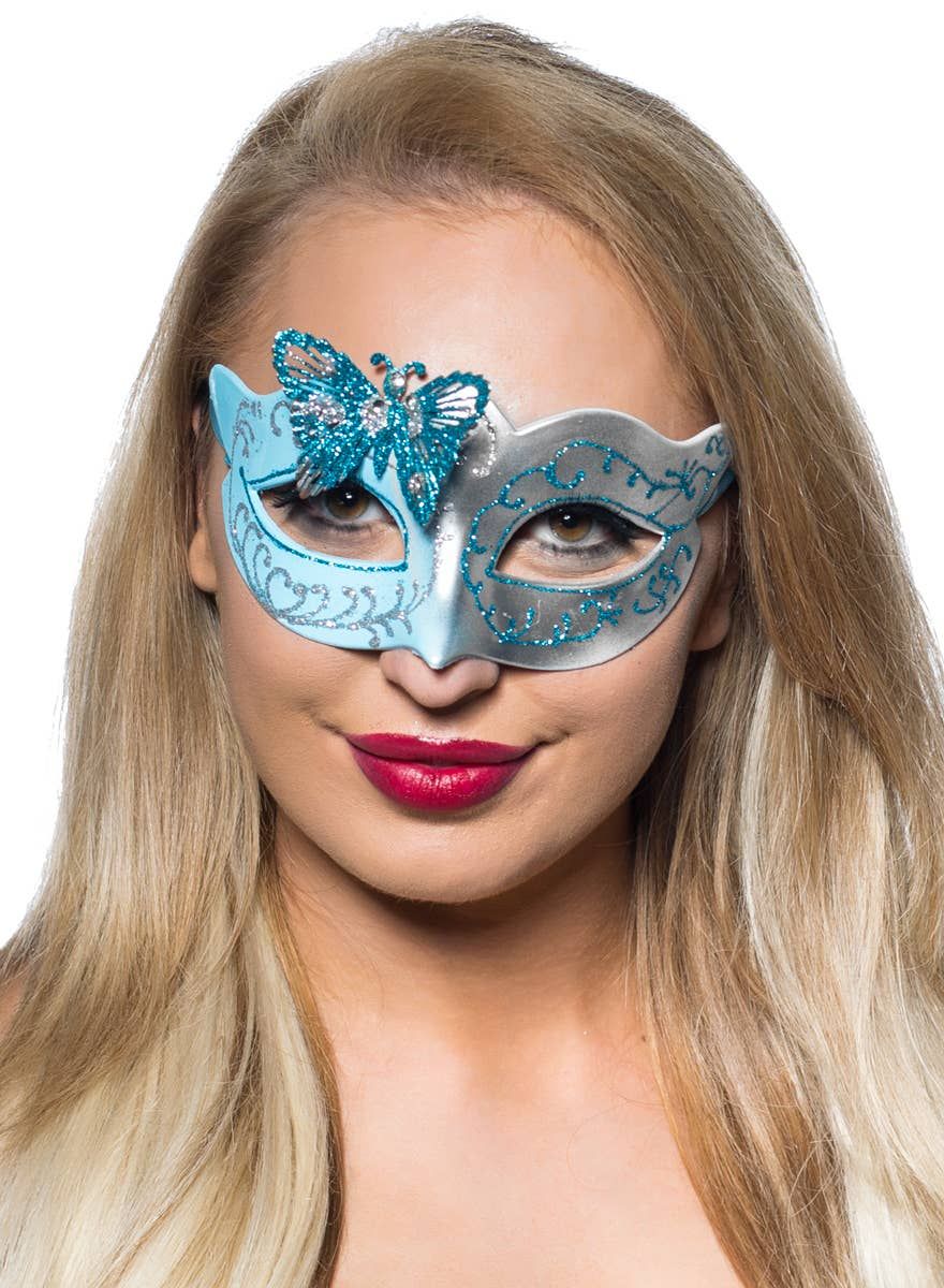 Butterfly Venetian Masquerade Mask in Pale Blue and Silver - Image 1