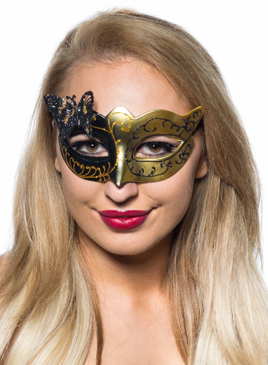Butterfly Venetian Masquerade Mask in Black and Gold - Image 1