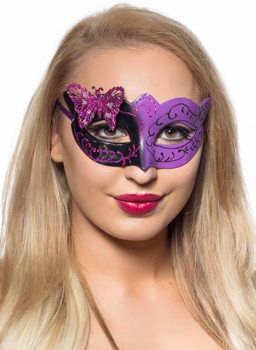 Butterfly Venetian Masquerade Mask in Black and Purple - Image 1