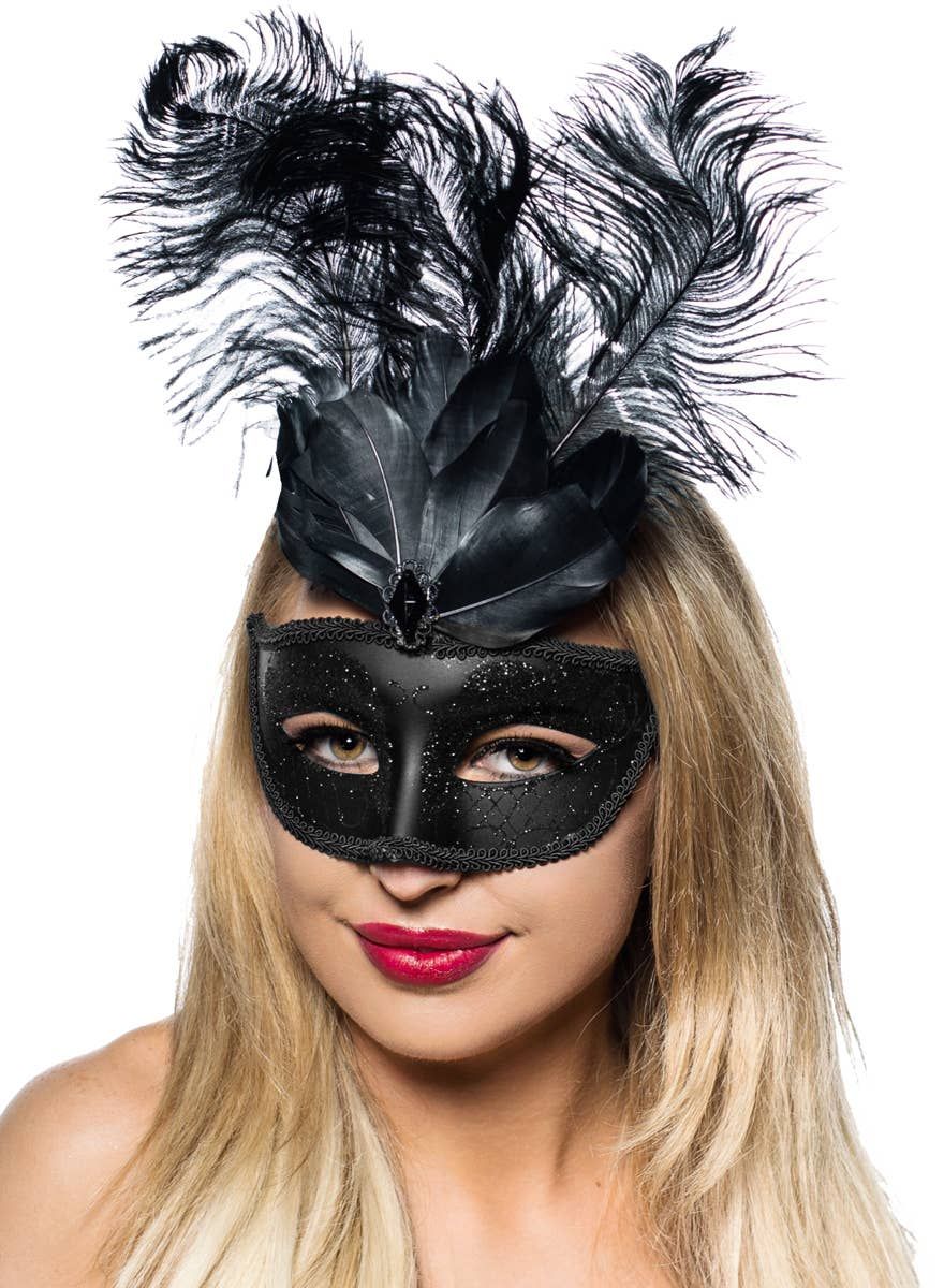 Elegant Tall Feather Black Masquerade Mask - Image 1