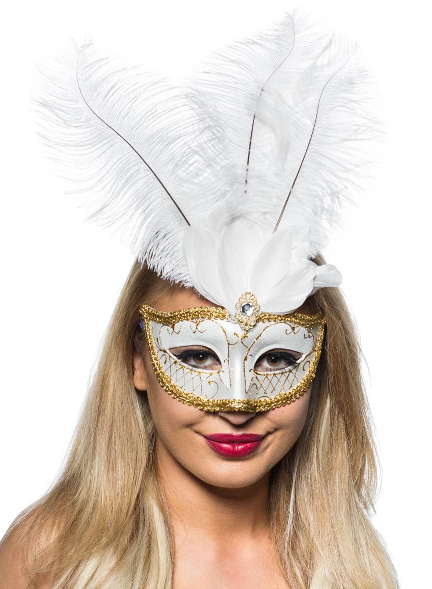 Elegant Tall Feather Masquerade Mask, White and Gold - Image 1
