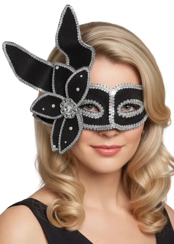 Luxury Elaborate Leaf Masquerade Mask, Black and Silver - Image 1