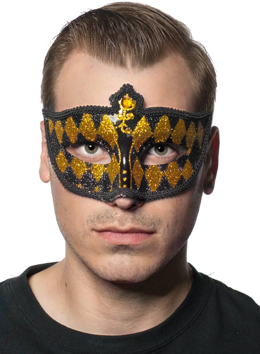 Harlequin Black and Gold Glitter Venetian Masquerade Mask - Image 1
