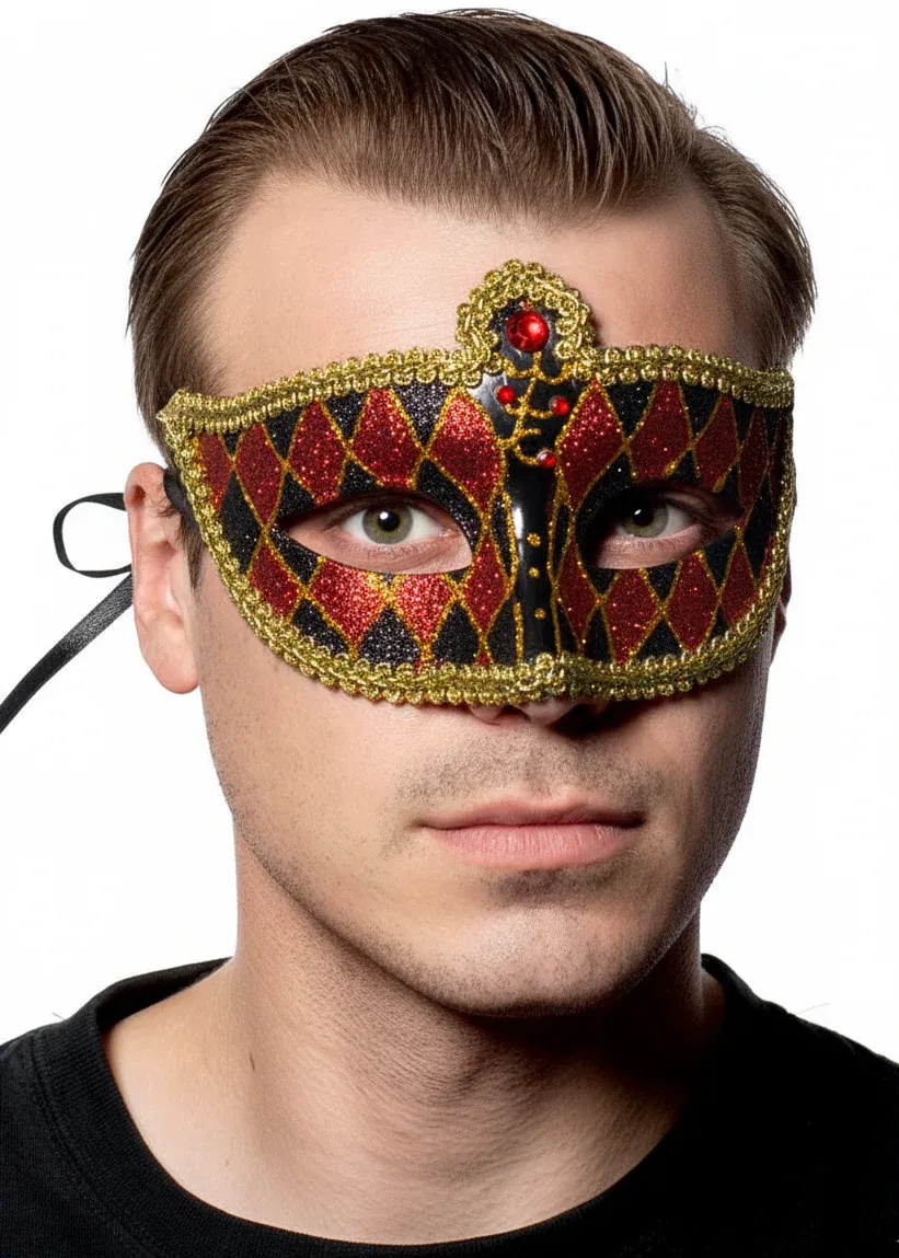 Harlequin Black and Red Glitter Venetian Masquerade Mask - Image 1