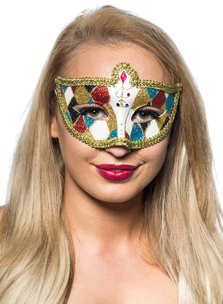 Harlequin Gold Braid and Glitter Venetian Masquerade Mask - Image 1