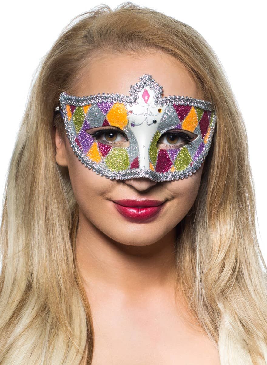Harlequin Silver Braid and Glitter Venetian Masquerade Mask - Image 1