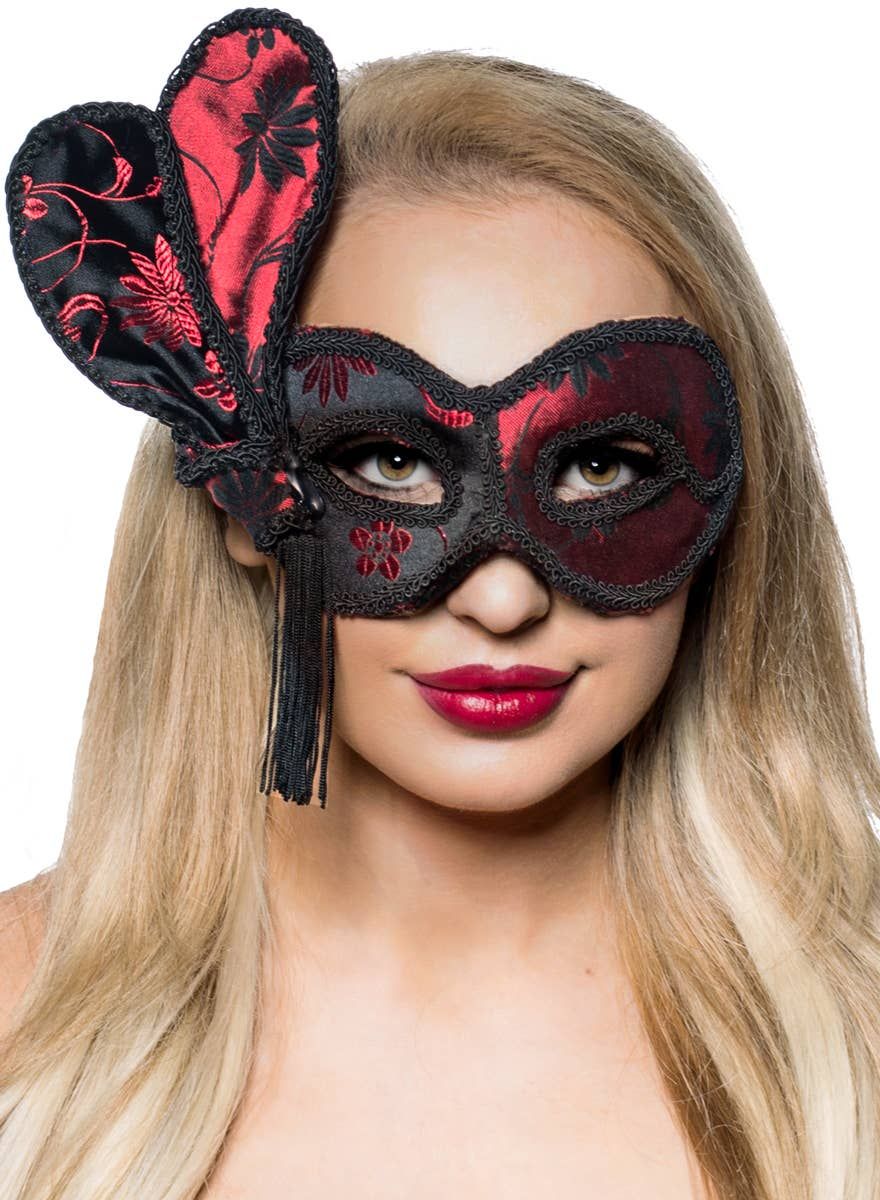 Deluxe Black and Red Brocade Masquerade Mask - Image 1