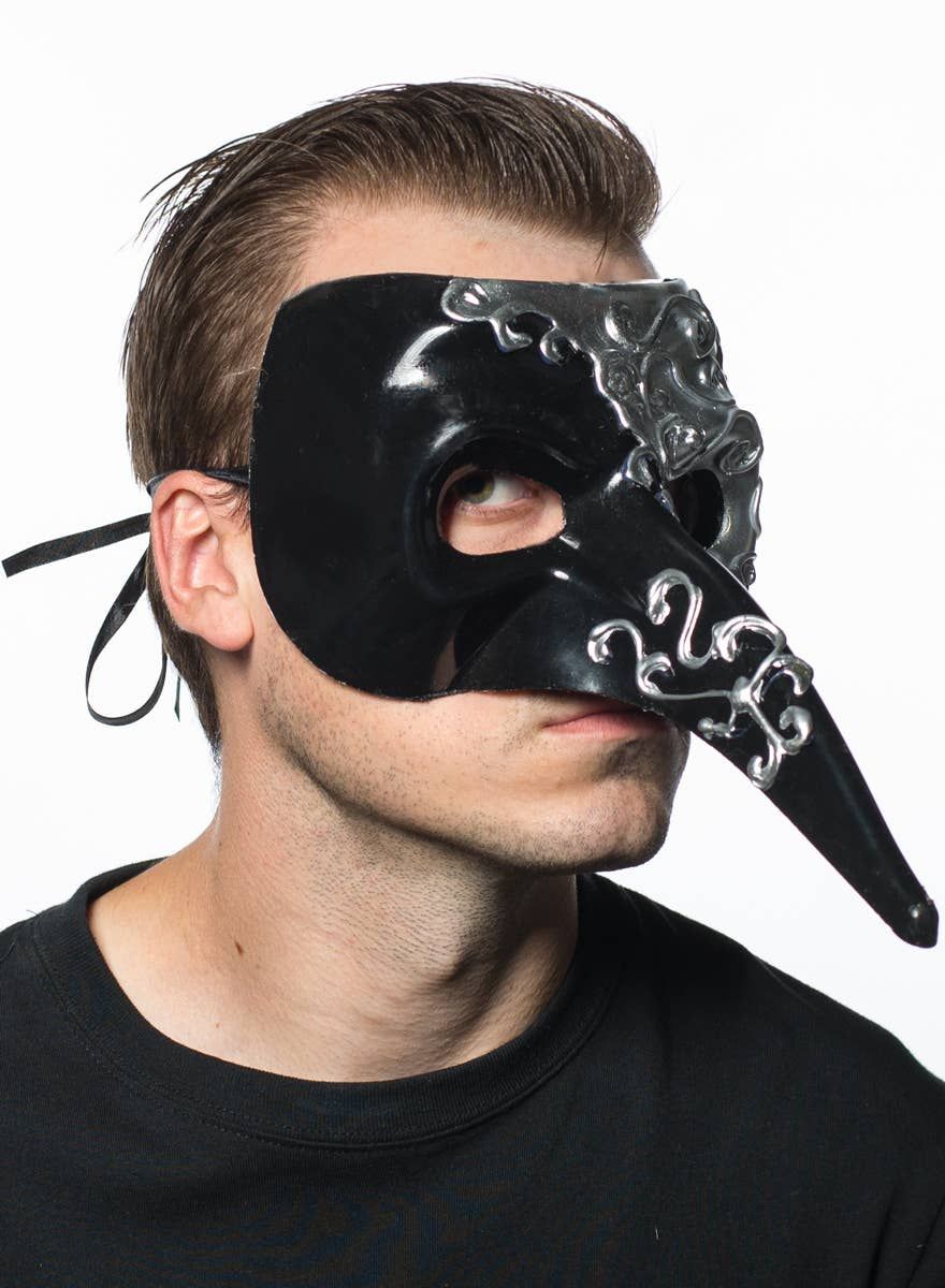 Long Nose Black and Silver Venetian Masquerade Mask - Image 1