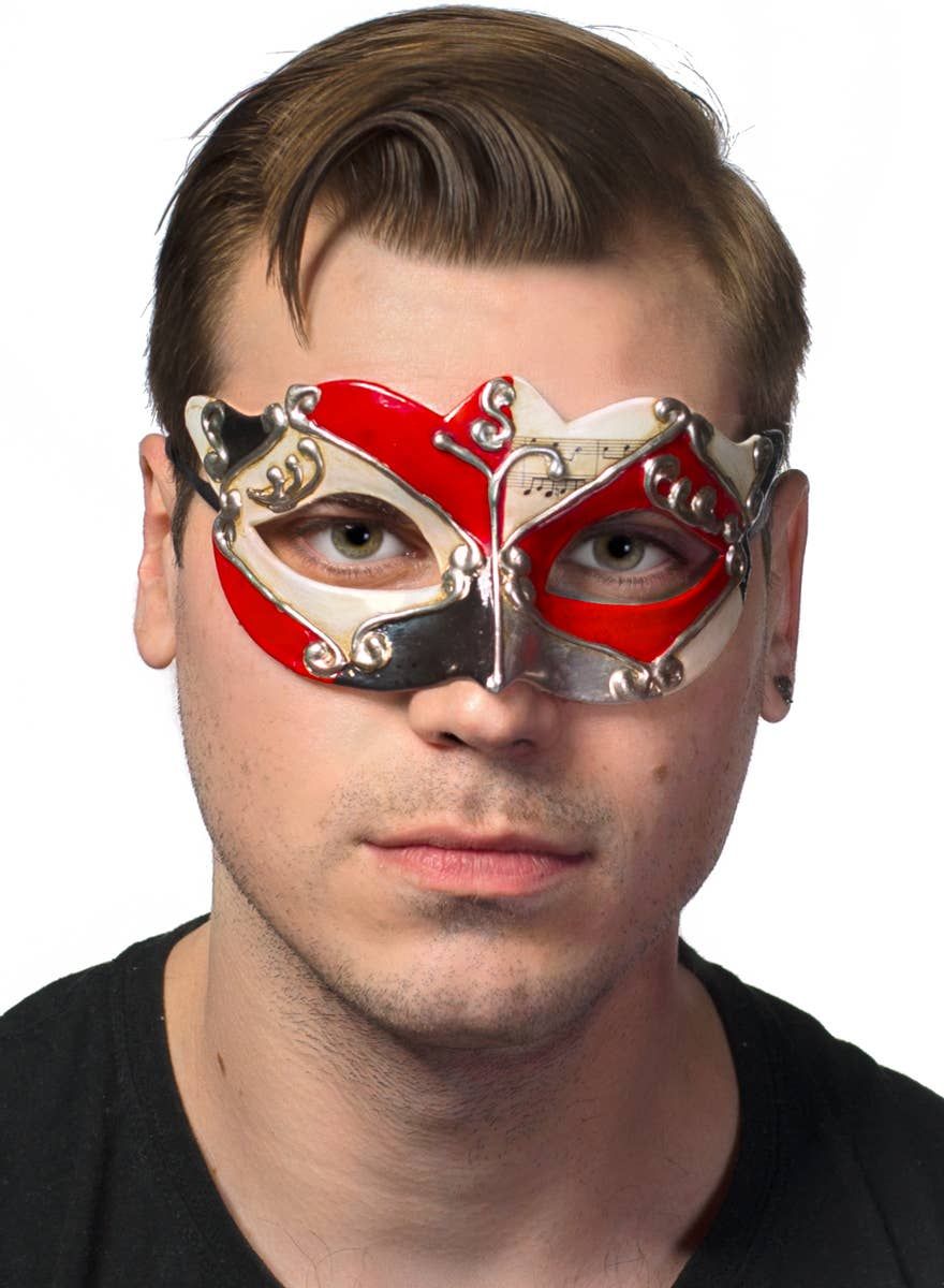Antiqued Red and Silver Music Venetian Masquerade Mask - Image 1