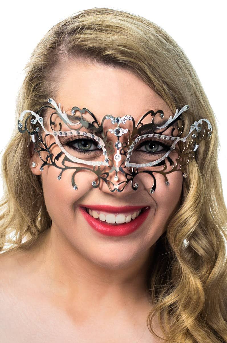 Antique Deluxe Silver and White Metal Masquerade Mask - Image 1