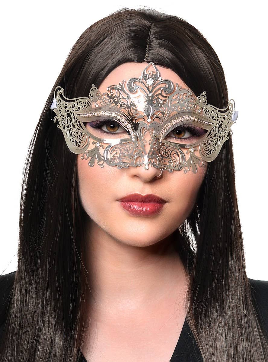 Lacework Silver Metal Rhinestone Masquerade Mask - Image 1