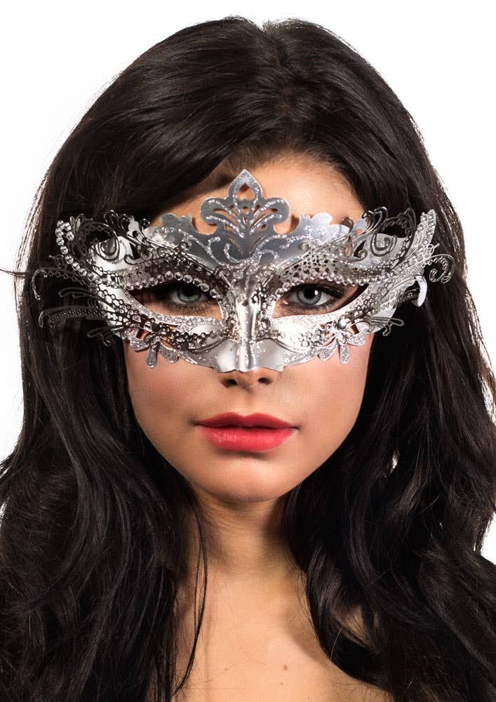 Metal Overlay Silver Glitter Masquerade Mask - Image 1
