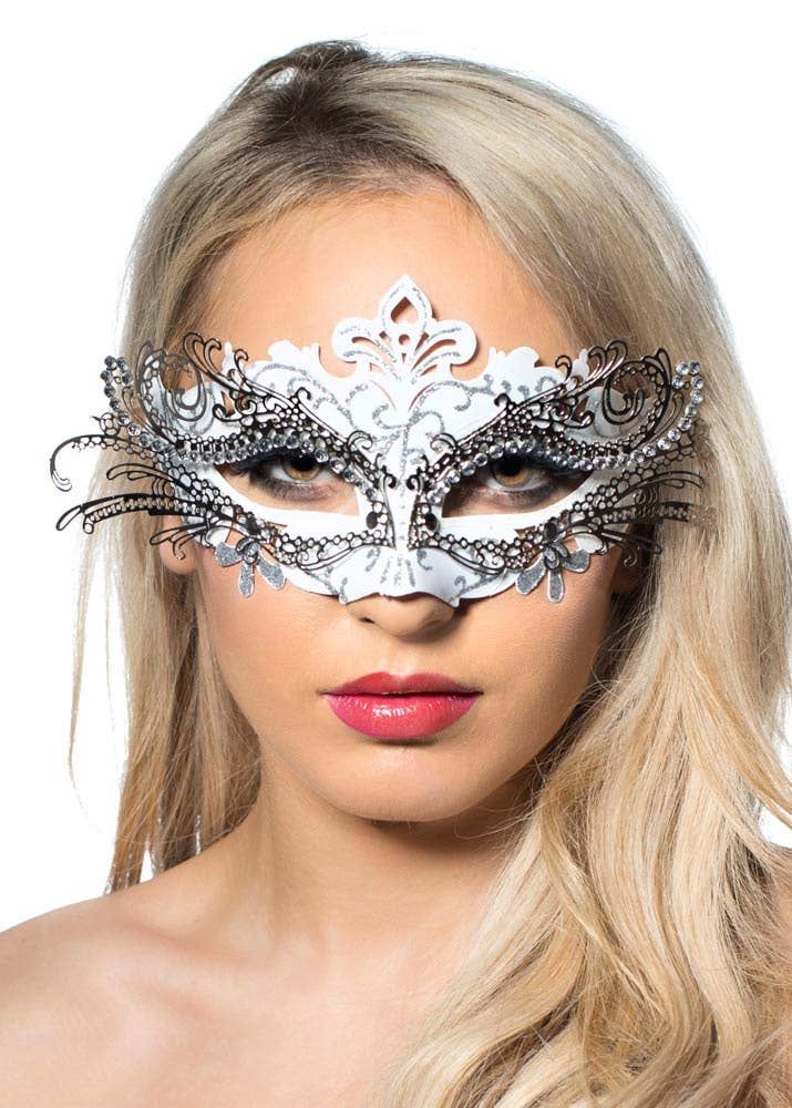 Metal Overlay White Glitter Masquerade Mask - Image 1