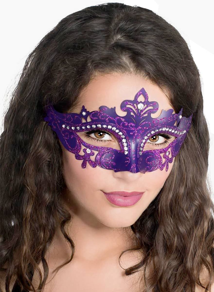 Cut Out Purple Masquerade Mask with Rhinestones - Image 1