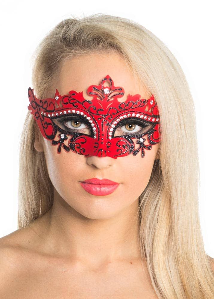 Cut Out Red Masquerade Mask with Rhinestones - Image 1