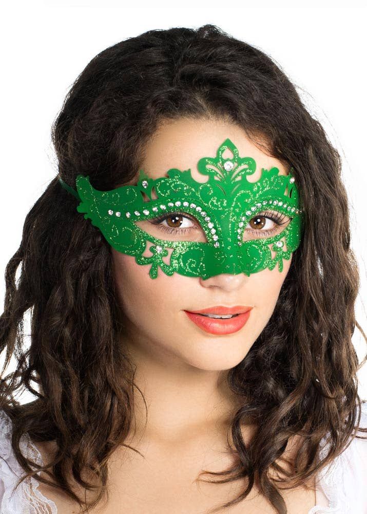 Cut Out Green Masquerade Mask with Rhinestones - Image 1