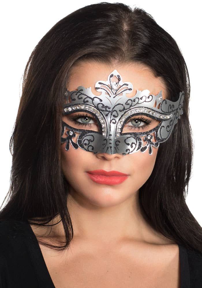 Cut Out Silver Masquerade Mask with Rhinestones - Image 1
