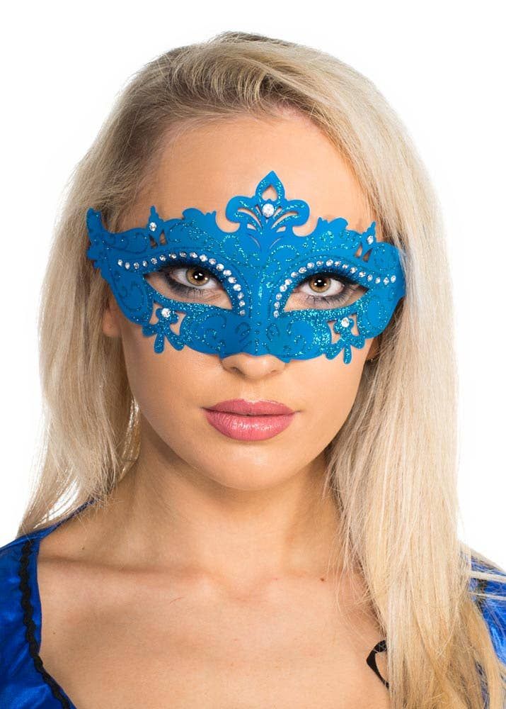 Cut Out Blue Masquerade Mask with Rhinestones - Image 1