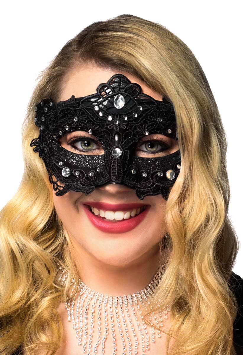 Glitter and Floral Lace Overlay Black Masquerade Mask - Image 1