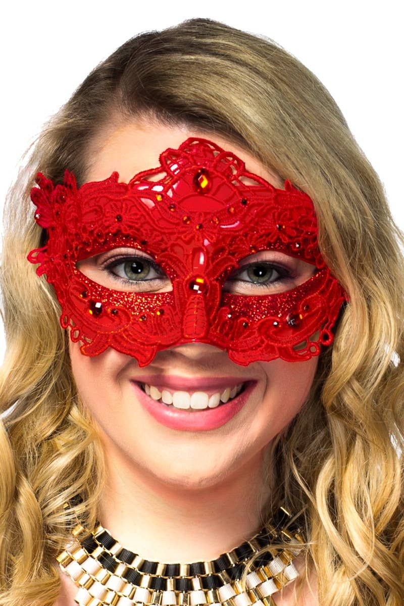 Glitter and Floral Lace Overlay Red Masquerade Mask - Image 1