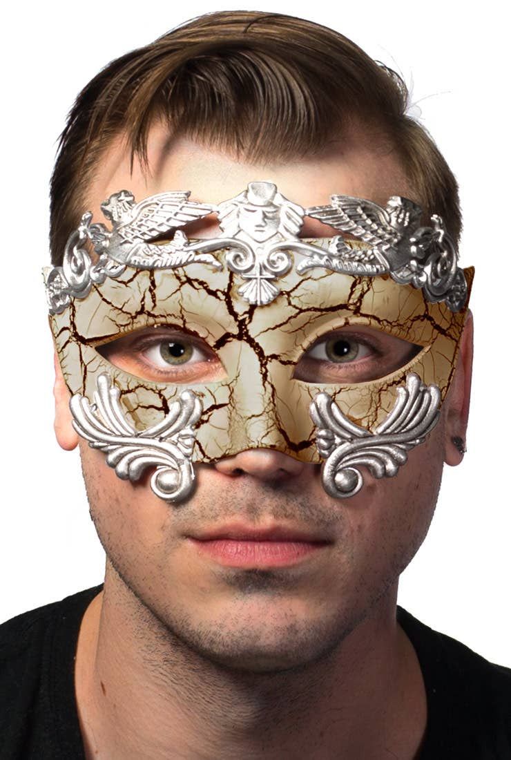 Antique Tan and Silver Crackle Paint Masquerade Mask - Image 1