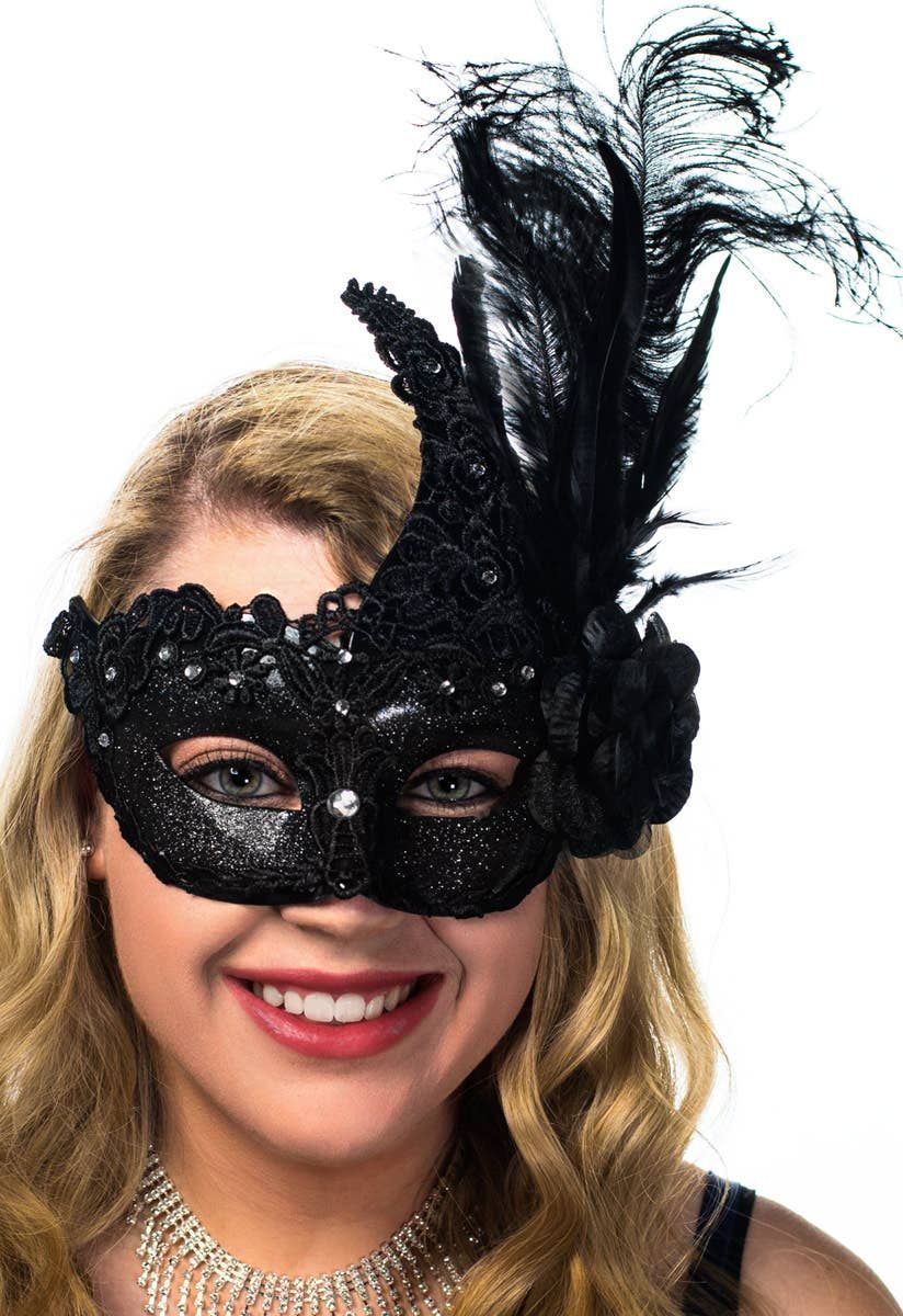Side Feather Black Lace and Glitter Masquerade Mask - Image 1
