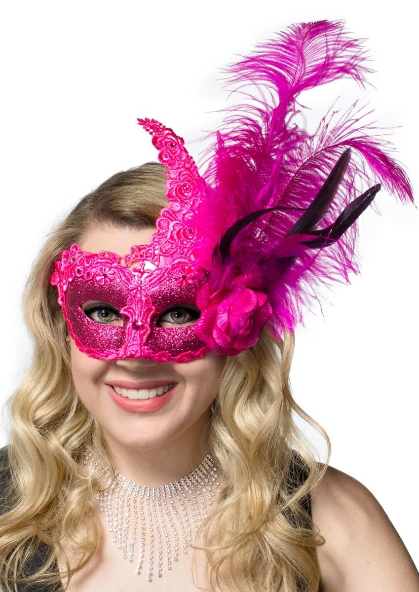 Side Feather Hot Pink Lace and Glitter Masquerade Mask - Image 1