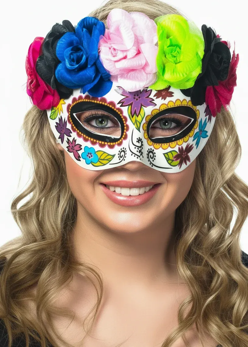 Day of the Dead Rainbow Flower Sugar Skull Masquerade Mask - Image 1