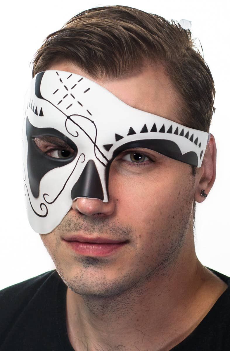 Over Eye Black and White Mens Masquerade Mask - Image 1