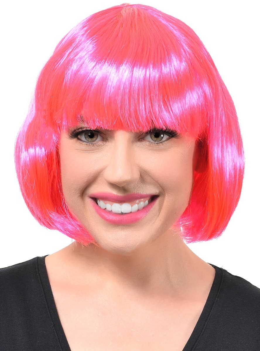 Short Hot Pink Womens Bob Costume Wig with Bangs - Image 1