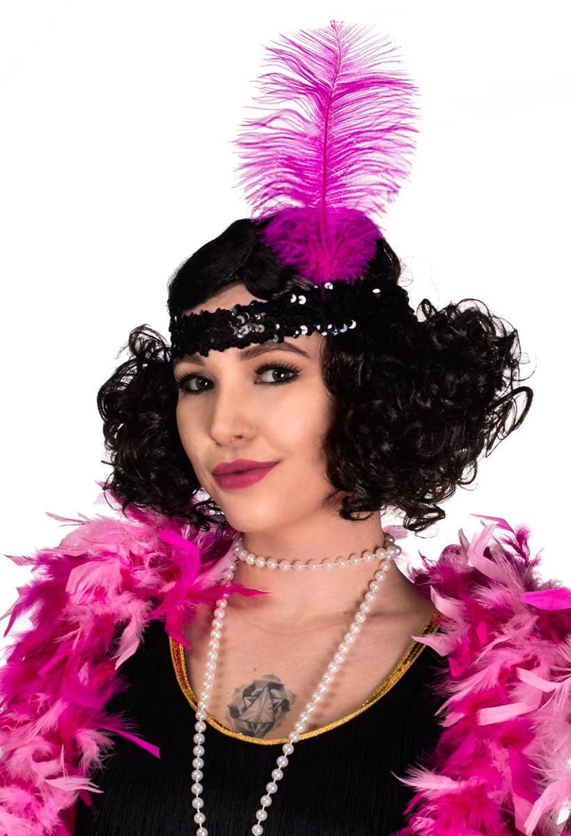 Soft Feather Pink and Black 1920s Flapper Headband - Image 1