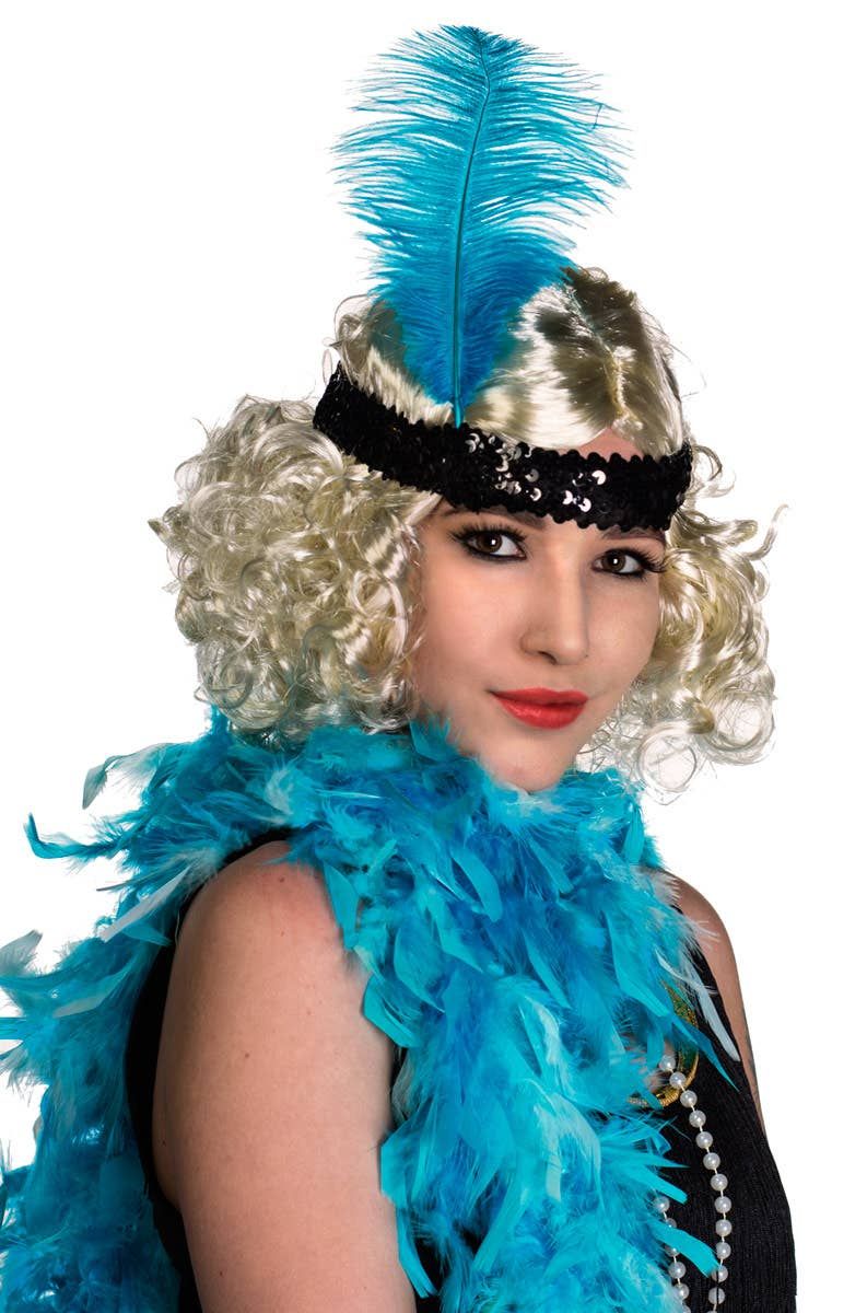 Soft Feather Turquoise and Black 1920s Flapper Headband - Image 1