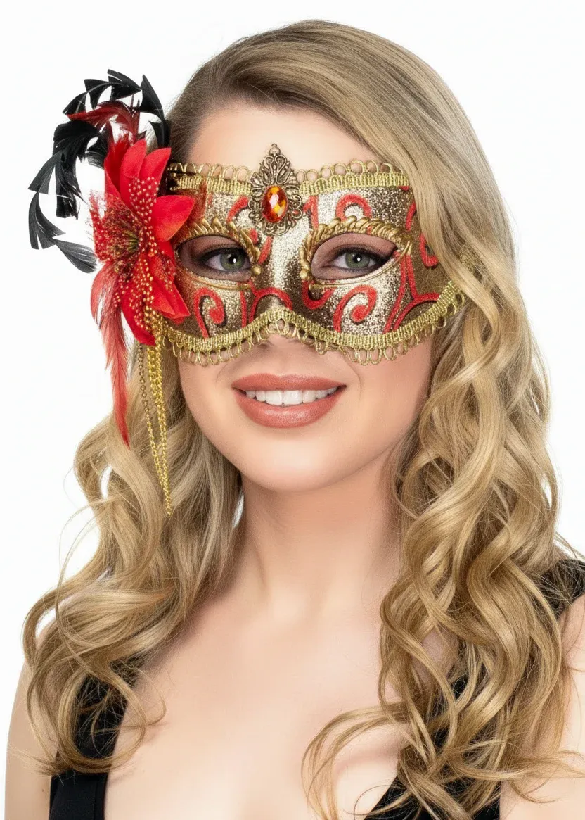 Side Flower Red and Gold Brocade Deluxe Masquerade Mask - Image 1