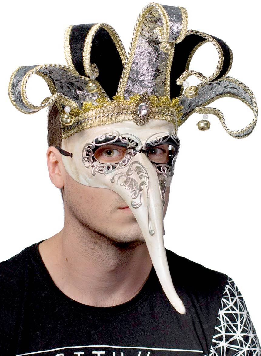 Venetian Long Nose Jester Antique Cream Masquerade Mask - Image 1