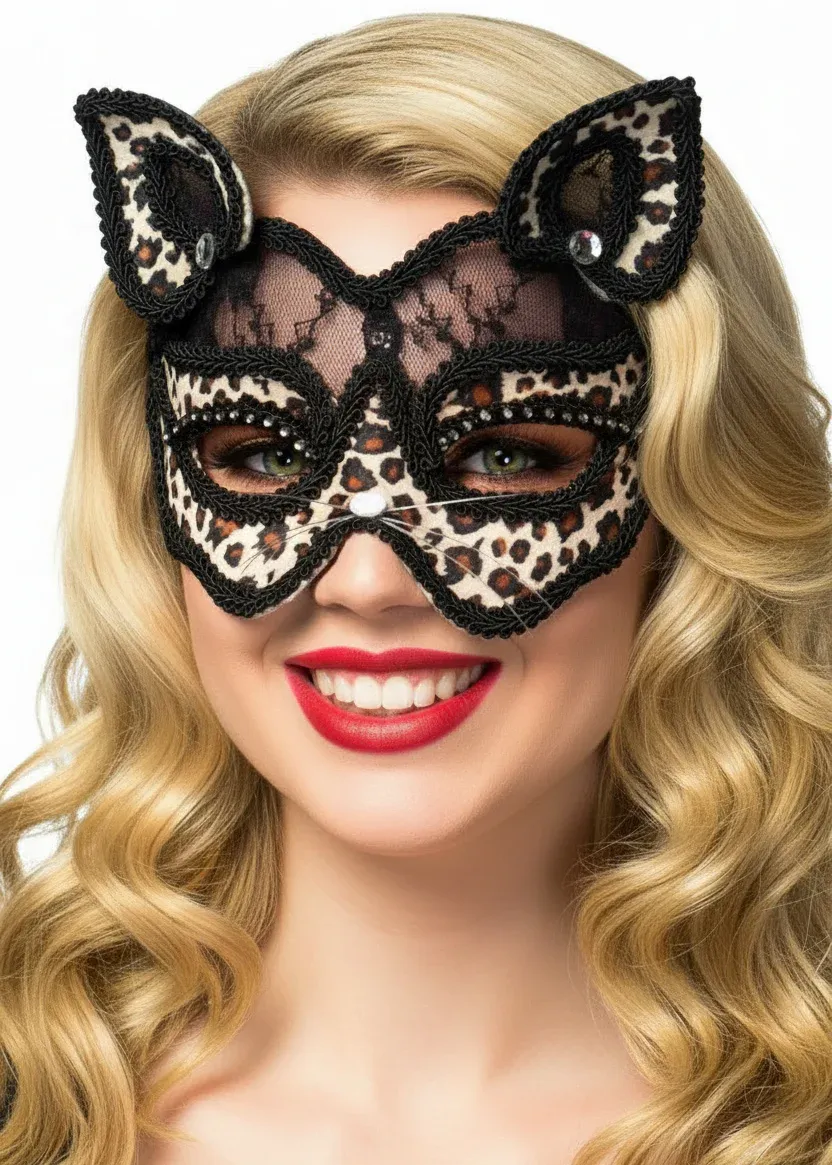 Black Lace and Leopard Print Velvet Luxury Cat Face Masquerade Mask - Image 1