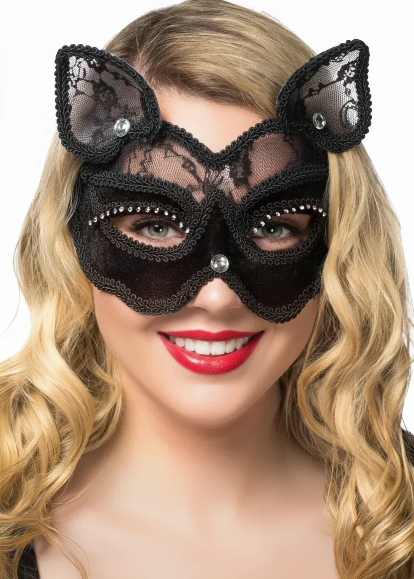 Black Cat Luxury Velvet and Sheer Lace Masquerade Mask - Image 1