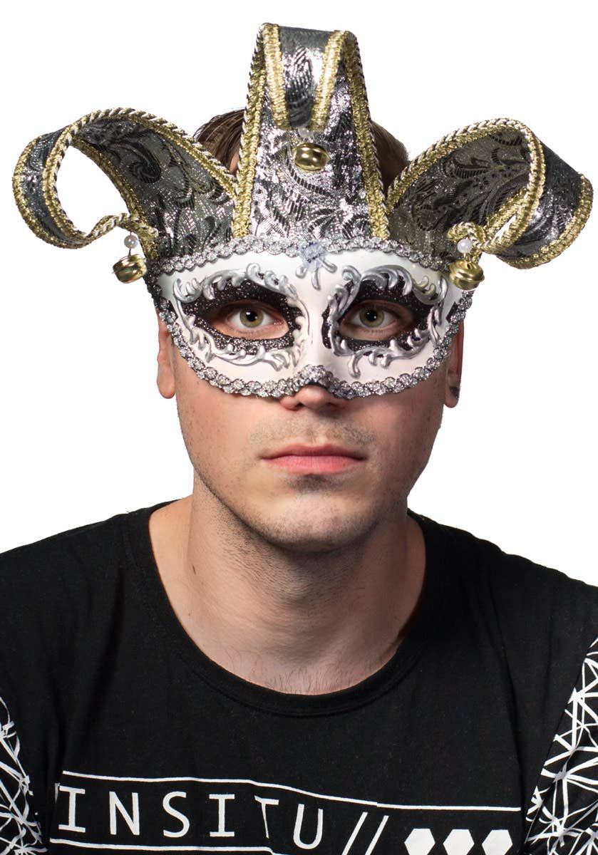 Venetian Jester Silver and White Masquerade Mask - Image 1