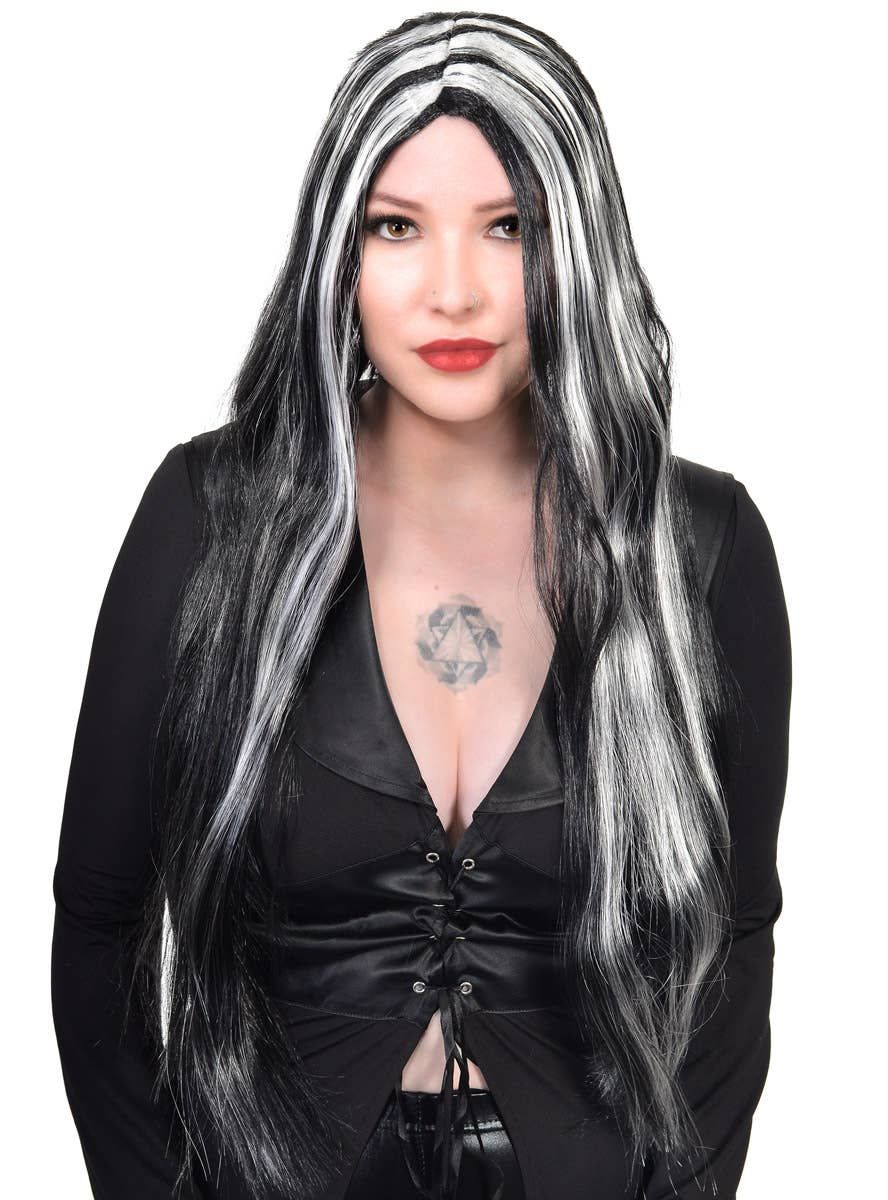 Streaked Black and White Womens Halloween Costume Wig - Image 1
